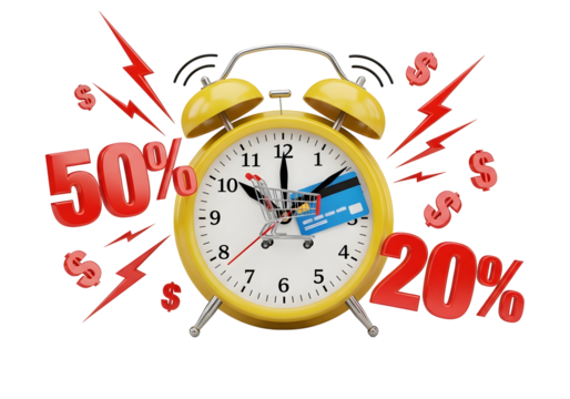 Alarm Clock with Shopping Cart and Credit Card Promoting Discounts