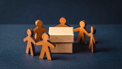 A group of miniature wooden figures interacting around a box