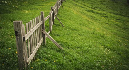 Rustic Wooden Fence in a Green Hillside Field