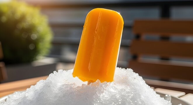 Bright Orange Popsicle Resting on a Mound of Crushed Ice