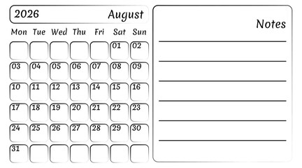 August 2026 Monthly Calendar with Copy Space and Notes. Vector, Handy Isolated Monthly Calendar Template in Flat Style. Possibility to Add Reminders, Notes, Plans, Statistics and Habits.