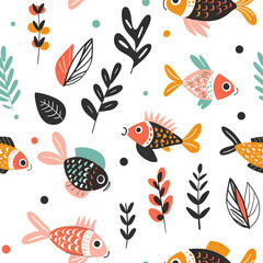 Seamless childish pattern with cute colorful fish on white background