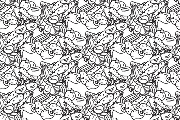 Line art botanical vegetables seamless pattern vector illustration.Repeating different veggies with Carrot Pepper Onion Potato Tomato in white background. Graphic design for Cover Fashion Textile Card