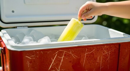 Child's Hand Reaching for a Yellow Popsicle in a Cooler Filled with Ice