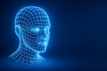 Obraz premium Glowing wireframe human head with blue neon lines and copy space