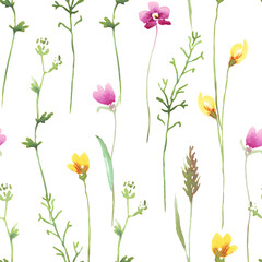 Seamless floral pattern with watercolor wild flowers
