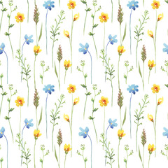 Seamless floral pattern with watercolor wild flowers