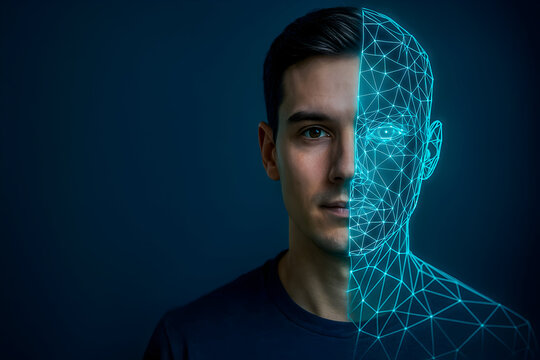 AI facial recognition with half human and digital twin mesh