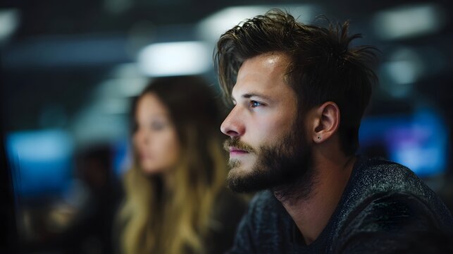Workers analyzing data on screens in an open office environment