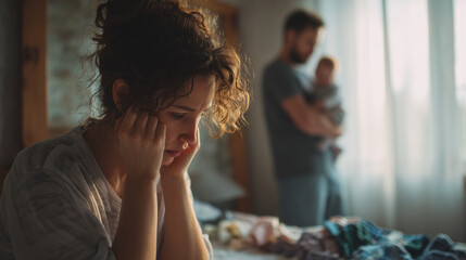 Distressed mother covers ears as father holds crying baby.