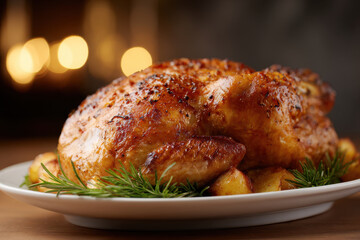 Roasted turkey with crispy skin on festive table
