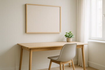 Bright Scandinavian home office with a blank pinboard mockup, template for remote work and creative organization.