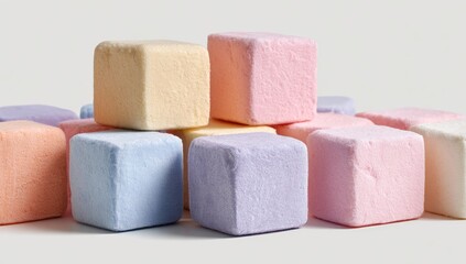 Colorful square marshmallows stacked, studio shot, light gray background