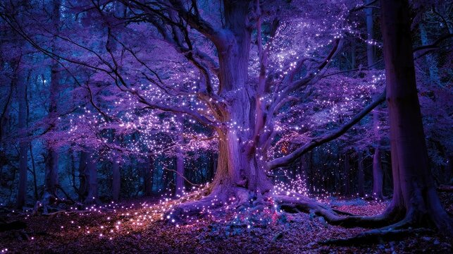Glowing Purple Pink Blue Lights On Winter Forest Trees
