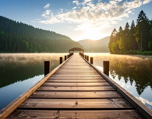 Obraz premium Serene Perspective Wooden Pier Extending Over Tranquil Lake at Sunrise