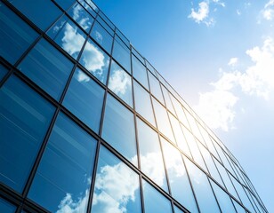 Modern Glass Facade Reflecting Cloudy Blue Sky Architecture Exterior