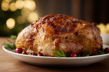 Roasted turkey with crispy skin on plate garnished with cranberries