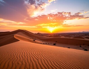 Panoramic Landscape of Sahara Desert Sand Dunes During Golden Hour Scenery