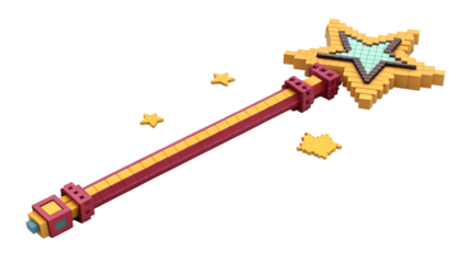 A pixelated magic wand with a star on top, surrounded by small stars, isolated on a transparent background