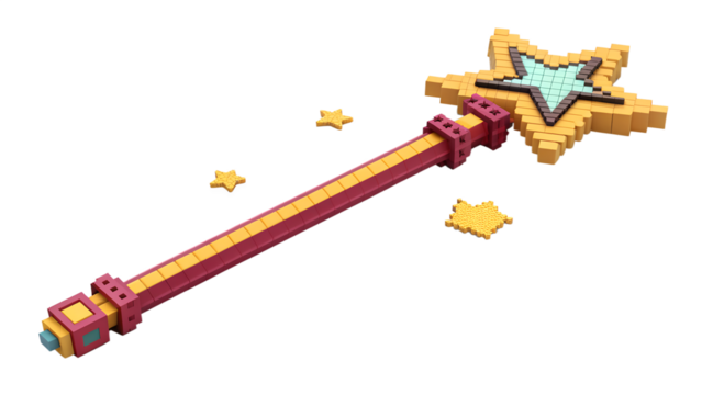 A pixelated magic wand with a star on top, surrounded by small stars, isolated on a transparent background