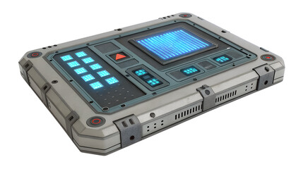 Obraz premium A futuristic electronic device with a glowing blue screen and keypad, isolated on transparent background