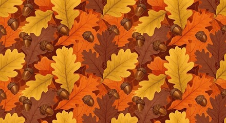 Fototapeta premium Autumnal Oak Leaves and Acorns Seamless Pattern Rich Orange and Red