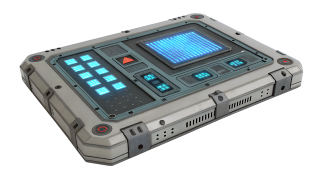 A futuristic electronic device with a glowing blue screen and keypad, isolated on transparent background