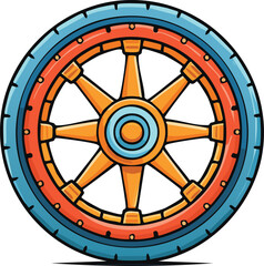 Obraz premium A cartoon illustration of a colorful, stylized wheel with orange spokes and a blue tire.