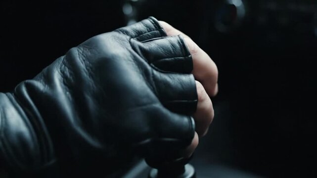 Gloved Hand on Car Gear Shift in Dark Interior Manual Transmission