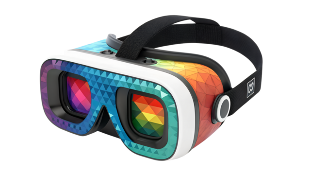 A colorful vr headset with a rainbow geometric pattern, offering an immersive virtual reality experience isolated on transparent background