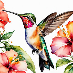 Watercolor illustration of a hummingbird drinking nectar from a flower flying between flowers on a white background. Artistic illustration for print, postcard or painting. Close-up