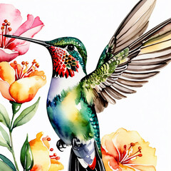 Beautiful hummingbird in flight drinking nectar from a flower on a white background. Watercolor style. Close-up
