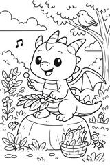 Adorable baby dragon playing drums in a whimsical forest coloring page style
