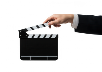 Hand holding movie clapper board isolated on transparent background