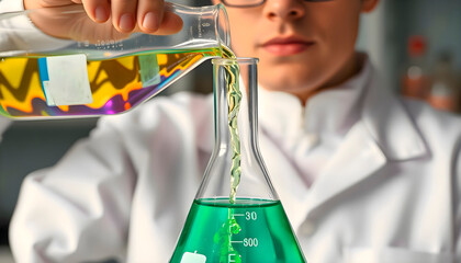 Man wearing a white lab coat carefully pouring green liquid into a glass flask in a laboratory environment with scientific research atmosphere