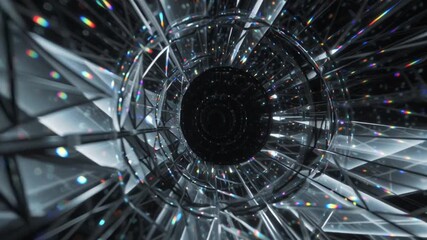 An abstract crystal tunnel with iridescent light reflections. Prismatic reflections, depth, and a kaleidoscope effect create a unique futuristic atmosphere. - Powered by Adobe