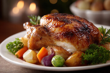 Roasted turkey with seasonal vegetables on plate, creating warm, festive atmosphere