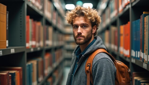 Young man with curly hair, beard stands in library aisle, shelves filled with law guides surround. Carries brown leather backpack, looks directly at camera with confident expression, suggesting