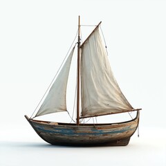 Obraz premium Illustration of weathered wooden sailboat with aged white sail on white background. Vintage boat with peeling paint. Nautical vessel used for maritime transport. Classic design. Adventure,