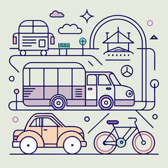 Line art illustration of city transport with bicycle, van and building