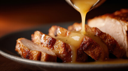 Sliced turkey with gravy being served warm on plate