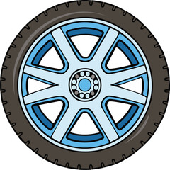 Obraz premium Cartoon illustration of a car wheel with a blue rim and a black tire, isolated on white.