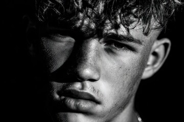 black and white cropped portrait of teen age latino boy with curly hair