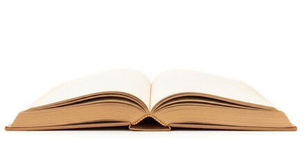 An open book with blank pages, revealing the spine and edges, isolated against white.