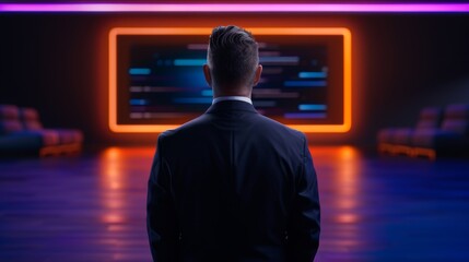 A man in a suit observes colorful digital data on screen in a modern office space during evening hours