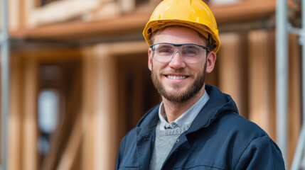 Fototapeta na wymiar Professional construction engineer in yellow hard hat and safety glasses