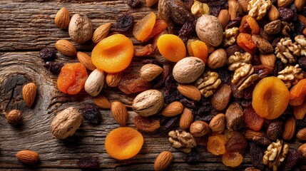 Assortment Of Dried Fruits And Nuts On Rustic Wooden Surface