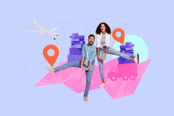 Trendy art creative full zine photo collage of happy girl guy stand together box stack geolocation delivery service plane speed