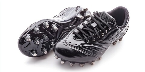 A pair of black soccer cleats are displayed against a white background. The cleats have a glossy, shiny surface and numerous silver studs protruding from the soles. 