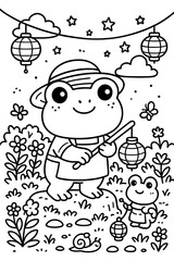 Adorable frog family strolls with lanterns under a starry night sky scene